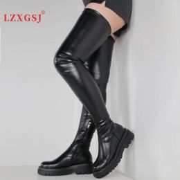 Boots 2024 Winter Stylish Black Punk Boots Thick Sole Sock Over The Knee Boots Platform Women's Long Boots With Side Zip