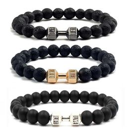 Beaded Lava Bracelet Black Volcano Stone Matte Dumbbell Bead Mens Fitness Barbell Jewellery