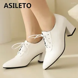 Dress Shoes ASILETO Brand Women Pumps Pointed Toe Chunky Heels 6cm Lace Up Big Size 41 42 43 Office Lady Casual Daily Female Korean