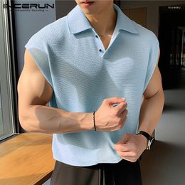 Men's Tank Tops INCERUN 2024 Korean Style Mens Knitted Solid Lapel Vests Leisure Streetwear Male Simple Sleeveless S-5XL