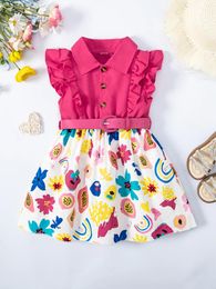 Girl Dresses Girls' Clothing Dress Shirt Collar Flying Sleeve Single Breasted Printed A-line Fashion