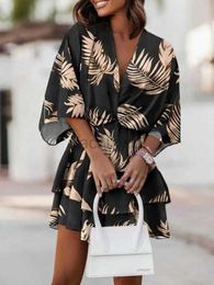 Casual Dresses Tropical Print Twist Design Casual Dress Women Batwing Half Sleeve Summer Dress Casual skirt