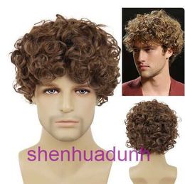 New mens wig curly brown fluffy synthetic Fibre headband Yiwu short hair