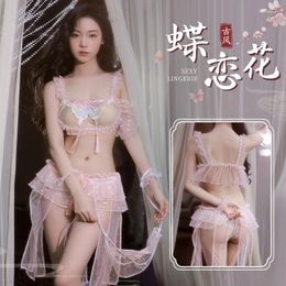 Bras Sets Classical Sexy Lingerie Perspective Mesh Ultra-thin Gauze Sling Tops Open Chest Underwear Erotic Set Bed Temptation Pajamas