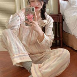 Women's Sleepwear Striped Korean Women Pajamas Set Home Long Sleeve Pants Suit 2 Pieces Spring Button Turn Down Collar Night Wears 2024