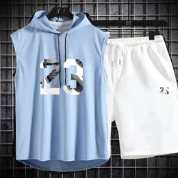 Summer Mens Two Piece Set CasualTShirt and Shorts Sports Suit Fashion Short Sleeve Tracksuit Hooded Tshirt 240420