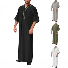 Men's Casual Shirts Men Stand Collar Shirt Traditional Middle Eastern Robe With V Neck Chest Pocket Soft Breathable Maxi For Summer Dubai