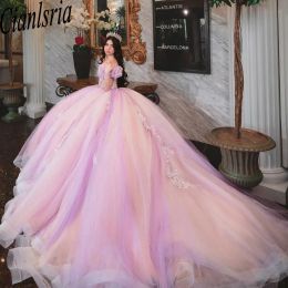 Pink Princess Luxury Quinceanera Dresses Off Shoulder Puffy 3D Floral Applique Boning Corset vestidos de 15 quinceanera