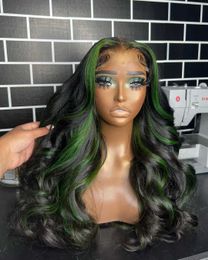 Synthetic Wigs Green highlight synthetic lace front wig suitable for women black and green body wave closed Ombre pre picked Q240427