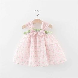 Girl's Dresses Girls Dress Summer Baby Girl Coloured Lace Bowtie Full of Little Cherry Print Hanging Strap Mesh Dress