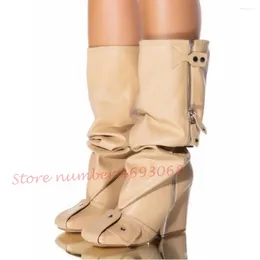 Boots Nude Knee High Chunky Women Luxury Wedge Zipper Decor Patchwork Square Toe Shoes Female Trending Autumn Heels