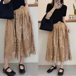 Skirts Lace Tulle Spliced Skirt For Women Hollow Out Design Elegant Chic High Waist A-line Mid Calf Female Spring Jupe T982