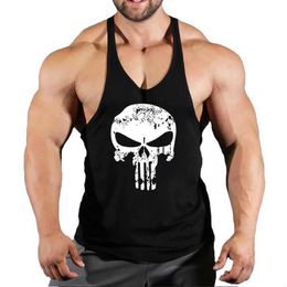 Men's Tank Tops Gym Exercise Sleeveless Shoulderless Tank Top Mens Fitness Clothing Mens Sports Clothing Muscle Single Shoulder Strap Skull TopL2404