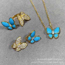 Brand Jewelry Original V Gold High Version Van Butterfly Ring for Womens Blue Enamel Set with Diamonds Light Luxury Open Asymmetric