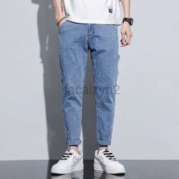 Men's Jeans Spring/Summer New Men's Jeans Youth Elastic 9-inch Small Straight Leg Men's Light Blue Jeans Plus Size Pants