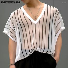 Men's Tank Tops INCERUN 2024 Korean Style Fashion Vertical Stripe Perspective Sexy V-neck Raglan Short Sleeved Vests S-5XL
