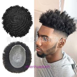 Qu Mens Wig V-Needle Extra Thin PU Black Curly Hair Real Human