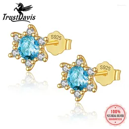 Stud Earrings TrustDavis Real 925 Sterling Silver 14K Gold Plated Blue Zircon Star For Women Classic Wedding Jewelry Gift L086