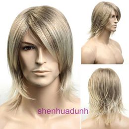 Wig anime fashion mens wig short hair golden fluffy curly long synthetic headband