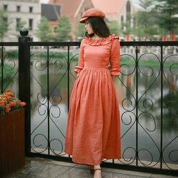 Party Dresses Spring Autumn Original Design Women French Vintage Slim Waist Ruffled Trims Brick Red Thin Ramie