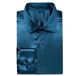 Men's Dress Shirts Mens Silk Teal Blue Solid Satin Windsor Collar Long Sleeve Social Suit Shirt For Male Wedding Business Gift