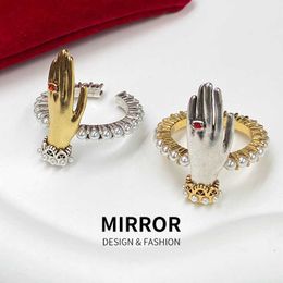 Maijia Dark Ghost Hand Red Open Ring Set with Pearl Brass Material Gold and Silver Contrast Handpiece