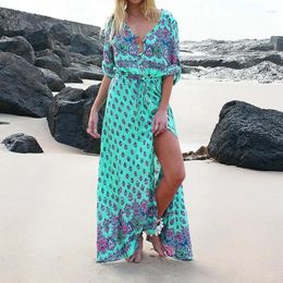 Casual Dresses Fashion Vintage Sexy Womens Bohemian Floral Printed Dress Split Long Maxi Loose Off Shoulder Beach Chiffon Sundress