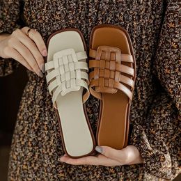 Slippers Fashion Retro Roman Style Sandals Women Summer Outside Open Toe Shoes Outer Wear Flat Woven Soft Leather Slides