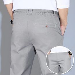 Mens Thin Cotton Straight Casual Pants Spring Summer Grey Khaki Business Stretch Slim Brand Trousers Male Clothes 240422