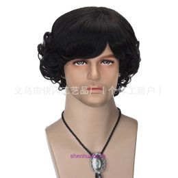Mens short curly hair fluffy mens slanted bangs and a necklace set