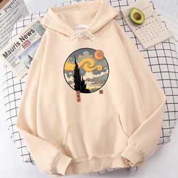 Sweatshirts Mens Hoodies Sweatshirts Starry Ukiyo-E Night Printing Hoodie Mens Fashion and Comfortable Hoodie Autumn Wool Sweatshirt Casual Warm Pull Top 240425