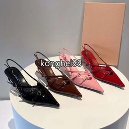 Luxury Designer Dress Shoes Women Metal Buckle Embellished Sandals Fashion Mid-high Heel Pointed Party Shoes Classic Leather Solid Colour Slingback Evening Shoes