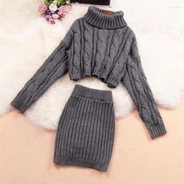 Work Dresses Winter Knitted Screw Sexy Suit Turtleneck Sweater Pullover Top And Mini Wrap Skirt Two Piece Sets For Women High Street Clothes