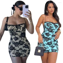 Casual Dresses Women Lace Patchwork Rose Print Sexy Backless Bodycon Mini Dress