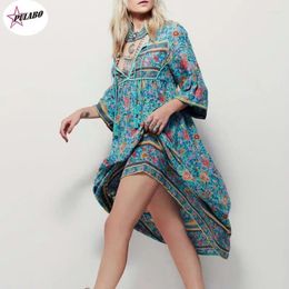 Casual Dresses PULABO Autumn Bohemian Dress Fashion Women Floral Print Loose Beach Long Maxi Vintage Vestidos S-5XL Female