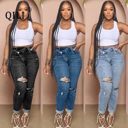 Women's Jeans QILI- Sexy Stylish High Waisted Hole Women Stretch Trousers Streetwear Vintage Elasticity Diagonal Buckle Denim Pants