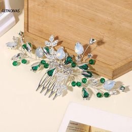 Hair Clips Bridal Comb Clip Wedding Accessories Handmade Green Rhinestone Combs Jewellery Crystal Insert Headdress