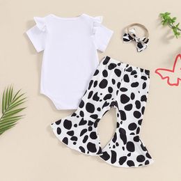 Clothing Sets Baby Girl 1st Birthday Outfit Letter Print Short Sleeve Romper With Cow Pattern Flare Pants And Headband