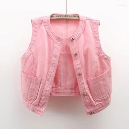 Women's Vests Spring Summer Thin Pink Denim Vest Women Slim Short Waistcoat Cowboy Sleeveless Jacket Coat Korean Big Pocket Jeans Female