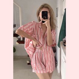 Summer Pink Stripes Women Pyjamas Set Soft Button Rayon Pyjamas Sleepwear Nightwear Short Sleeve Shirt Pant Silk Stain HomeWear 240426