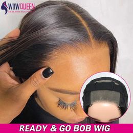 Synthetic Wigs Easy Go Bob Wig Adhesive Free Human Hair Ready to Wear Straight 30 32 inch Pre cut Lace 4x4 Closed Q240427