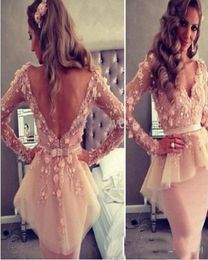 Champagne Lace 3D Floral Long Sleeves V Neck V Back Knee Length Elegant Short Cocktail Party Dress Peplum Sheath Evening Gowns 2015554428