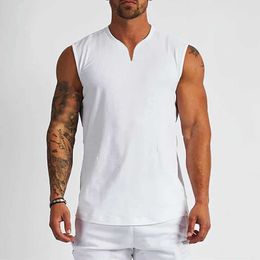 Men's Tank Tops Pure cotton V-neck fitness vest mens summer muscle vest fitness suit sleeveless sports shirtL2404