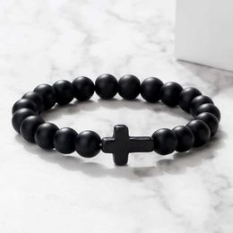 Beaded Charm Natural Stone Bracelet Cross Black Lava Matte Bead Handmade Mens Prayer Fitness Chain Couple Jewelry Gift