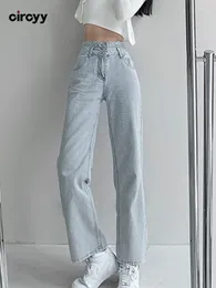 Women's Jeans Circyy Light Blue Woman Denim Pants High Waisted Wide Leg Trousers Chic Straight Office Lady 2024 Spring Clothes