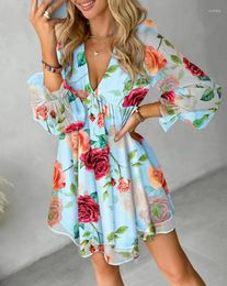 Casual Dresses Women's Dress 2024 Summer Vacation Fashion Floral Print Deep V-Neck Ruched Mesh Patch Long Sleeve A Line Mini