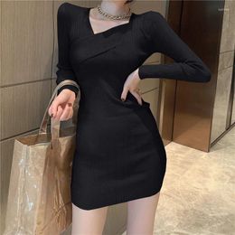 Casual Dresses 2024 Vestidos De Mujer V-neck Long Sleeve Knitted Sexy Woman Dress Y2k Clothes High Waist Vintage Robe Bodycon Mini