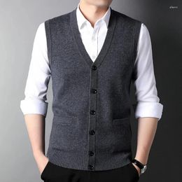 Men's Vests Pure Wool Vest 2024 Autumn Winter Leisure Knitted Cardigan V-neck Solid Colour Waistcoat Thickness