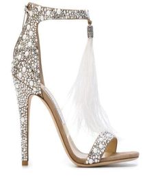 Ladies Leather Heels with Feather Tassel Heels Water Diamond sandals Crystal Wedding Shoes Size 34403330915
