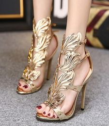 Brand Classic Gold Summer Wedding Party Shoes Metal Wings Leaf Strappy Dress Sandal Shoes Sexy Open Toe Sandals 3 Colors4207582